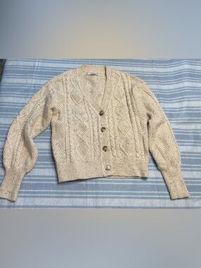 LOFT wheat colored, crop cable-knit, buttoned cardigan.
